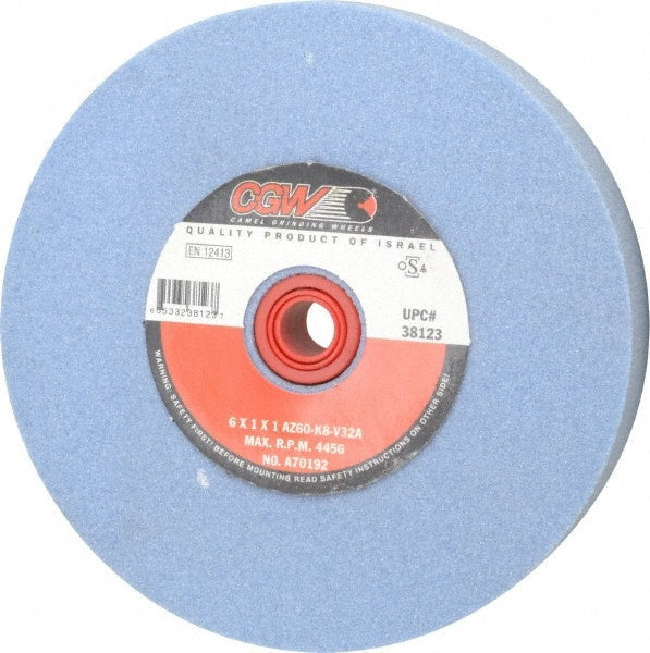 Camel Grinding Wheels - 60 Grit Aluminum Oxide Bench & Pedestal Grinding Wheel - 6" Diam x 1" Hole x 1" Thick, 4456 Max RPM, K Hardness, Medium Grade , Vitrified Bond - Exact Tooling