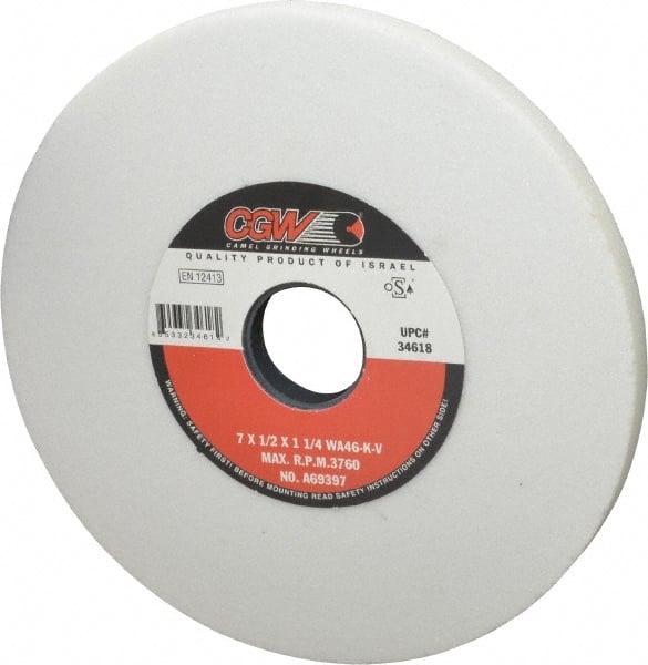 Camel Grinding Wheels - 7" Diam x 1-1/4" Hole x 1/2" Thick, K Hardness, 46 Grit Surface Grinding Wheel - Aluminum Oxide, Type 1, Coarse Grade, 3,760 Max RPM, Vitrified Bond, No Recess - Exact Tooling