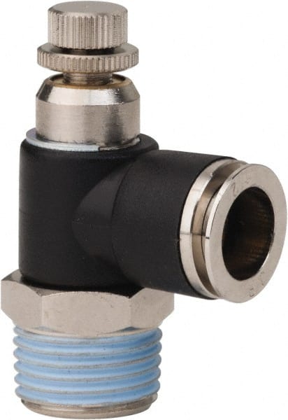 PRO-SOURCE - 1/2" NPT x 1/2" Tube OD Right Angle Flow Control Valve - 0 to 113.76 psi & Techno Polymer, Brass, Steel Material - Exact Tooling