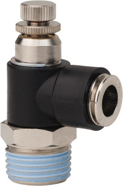 PRO-SOURCE - 1/2" NPT x 3/8" Tube OD Right Angle Flow Control Valve - 0 to 113.76 psi & Techno Polymer, Brass, Steel Material - Exact Tooling