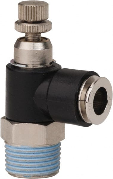 PRO-SOURCE - 3/8" NPT x 5/16" Tube OD Right Angle Flow Control Valve - 0 to 113.76 psi & Techno Polymer, Brass, Steel Material - Exact Tooling