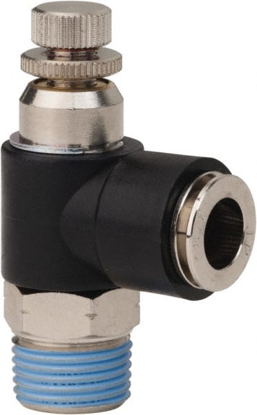 PRO-SOURCE - 3/8" NPT x 3/8" Tube OD Right Angle Flow Control Valve - 0 to 113.76 psi & Techno Polymer, Brass, Steel Material - Exact Tooling