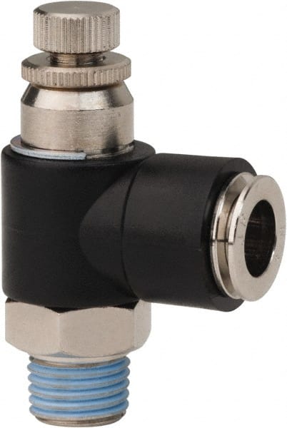 PRO-SOURCE - 1/4" NPT x 3/8" Tube OD Right Angle Flow Control Valve - 0 to 113.76 psi & Techno Polymer, Brass, Steel Material - Exact Tooling