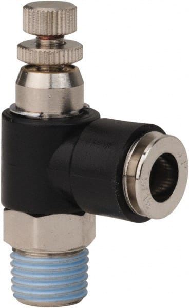 PRO-SOURCE - 1/4" NPT x 5/16" Tube OD Right Angle Flow Control Valve - 0 to 113.76 psi & Techno Polymer, Brass, Steel Material - Exact Tooling