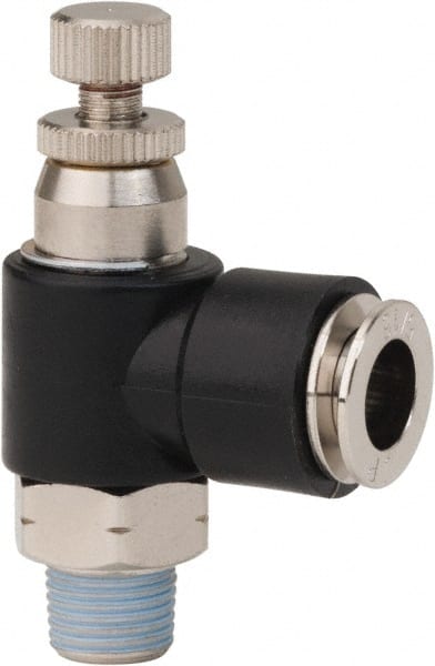 PRO-SOURCE - 1/8" NPT x 5/16" Tube OD Right Angle Flow Control Valve - 0 to 113.76 psi & Techno Polymer, Brass, Steel Material - Exact Tooling