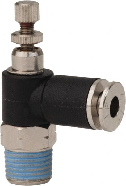 PRO-SOURCE - 1/8" NPT x 5/32" Tube OD Right Angle Flow Control Valve - 0 to 113.76 psi & Techno Polymer, Brass, Steel Material - Exact Tooling