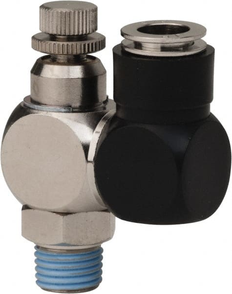 Value Collection - 1/4" Male NPT x 3/8" Tube OD Flow Control Offset Inline Valve - 0 to 113.76 psi & Techno Polymer, Brass, Steel Material - Exact Tooling
