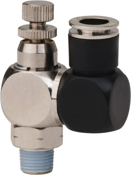 Value Collection - 1/8" Male NPT x 5/16" Tube OD Flow Control Offset Inline Valve - 0 to 113.76 psi & Techno Polymer, Brass, Steel Material - Exact Tooling
