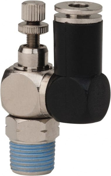 Value Collection - 1/8" Male NPT x 5/32" Tube OD Flow Control Offset Inline Valve - 0 to 113.76 psi & Techno Polymer, Brass, Steel Material - Exact Tooling