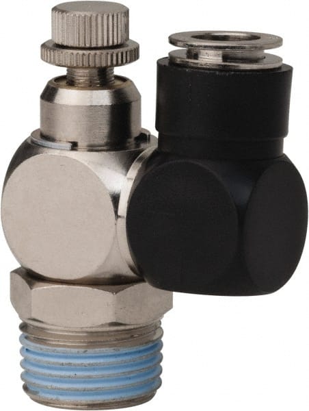 Value Collection - 1/2" Male NPT x 3/8" Tube OD Flow Control Offset Inline Valve - 0 to 113.76 psi & Techno Polymer, Brass, Steel Material - Exact Tooling