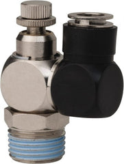 Value Collection - 1/2" Male NPT x 3/8" Tube OD Flow Control Offset Inline Valve - 0 to 113.76 psi & Techno Polymer, Brass, Steel Material - Exact Tooling