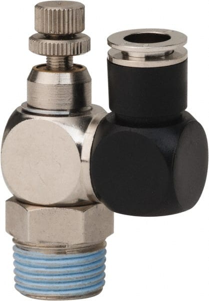 Value Collection - 3/8" Male NPT x 5/16" Tube OD Flow Control Offset Inline Valve - 0 to 113.76 psi & Techno Polymer, Brass, Steel Material - Exact Tooling