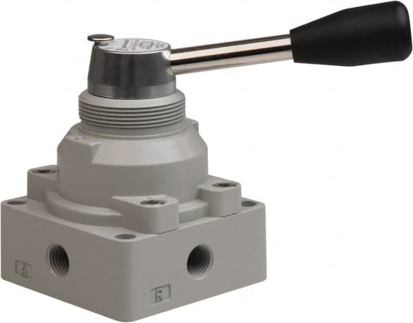 Value Collection - 1/4" NPT Manual Mechanical Valve - 4-Way, 3 Position with L Cock Device, 0.976 CV Rate & 127.98 Max psi - Exact Tooling