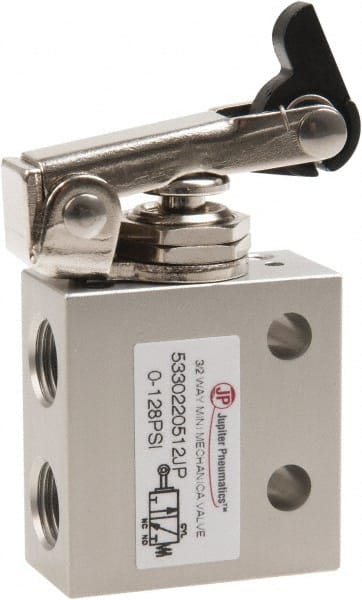 Value Collection - 1/8" NPT 3 Way, 2 Position Mini Mechanical Valve - 0.298 CV Rate, 7 CFM, 127.98 Max psi, One Way Roller/Spring Actuator - Exact Tooling