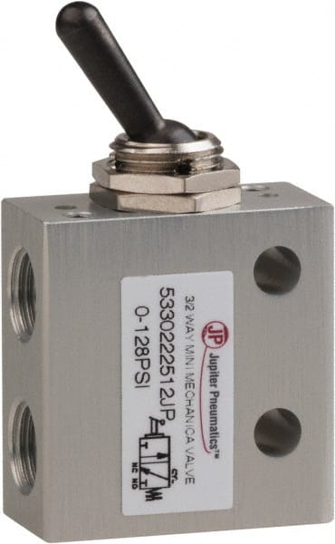 PRO-SOURCE - 1/8" NPT 3 Way, 2 Position Mini Mechanical Valve - 0.298 CV Rate, 7 CFM, 127.98 Max psi, Toggle/Manual Actuator - Exact Tooling