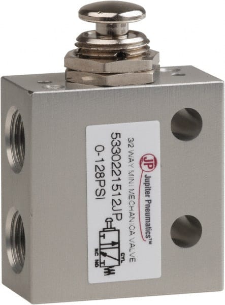 PRO-SOURCE - 1/8" NPT 3 Way, 2 Position Mini Mechanical Valve - 0.298 CV Rate, 7 CFM, 127.98 Max psi, Palm Button/Spring Actuator - Exact Tooling