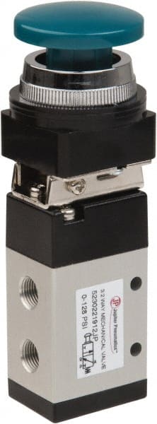 Value Collection - 1/8" NPT Mechanically Operated Air Valve - 3 Way, 2 Position, Palm Button/Spring, 0.76 CV Rate & 127.98 Max psi - Exact Tooling