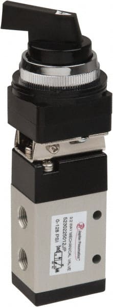 Value Collection - 1/8" NPT Mechanically Operated Air Valve - 3 Way, 2 Position, Long Selector/Manual, 0.76 CV Rate & 127.98 Max psi - Exact Tooling
