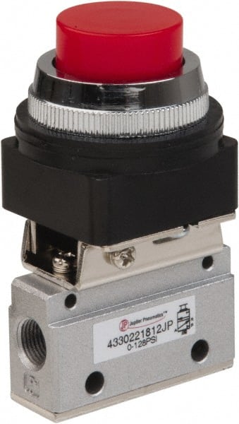 Value Collection - 1/8" NPT Mechanically Operated Air Valve - 3 Way, 2 Position, Extended Palm Button/Spring, 0.1 CV Rate & 127.98 Max psi - Exact Tooling