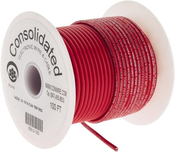 Made in USA - 16 AWG, 26 Strand, 100' OAL, Tinned Copper Hook Up Wire - Red PVC Jacket, 0.117" Diam - Exact Tooling