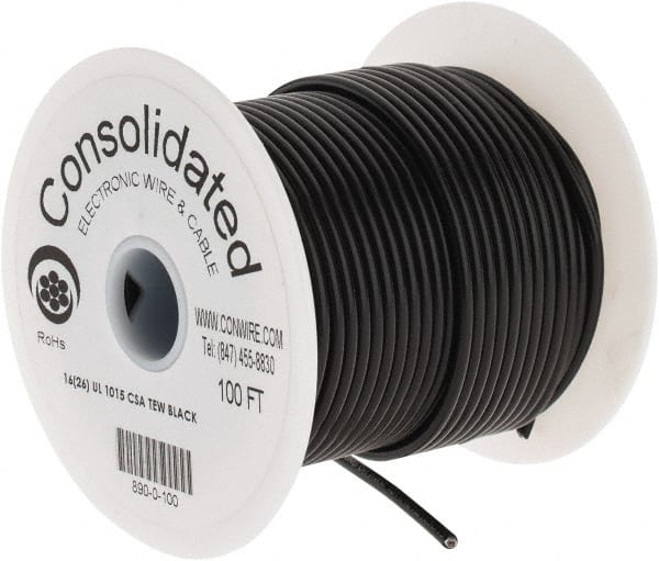 Made in USA - 16 AWG, 26 Strand, 100' OAL, Tinned Copper Hook Up Wire - Black PVC Jacket, 0.117" Diam - Exact Tooling