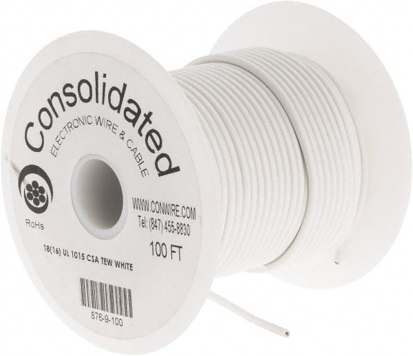 Made in USA - 18 AWG, 16 Strand, 100' OAL, Tinned Copper Hook Up Wire - White PVC Jacket, 0.106" Diam - Exact Tooling
