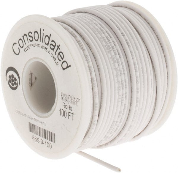 Made in USA - 22 AWG, 7 Strand, 100' OAL, Tinned Copper Hook Up Wire - White PVC Jacket, 0.091" Diam - Exact Tooling
