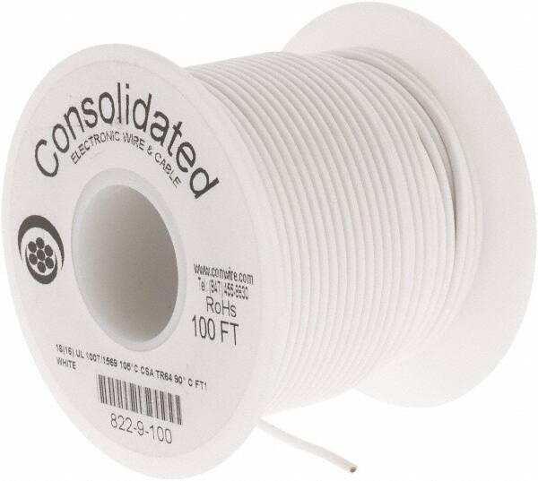 Made in USA - 18 AWG, 16 Strand, 100' OAL, Tinned Copper Hook Up Wire - White PVC Jacket, 0.08" Diam - Exact Tooling