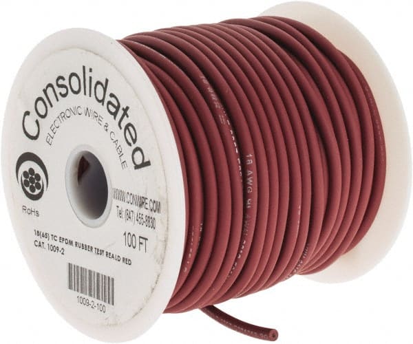 Made in USA - 18 AWG, 65 Strand, 100' OAL, Tinned Copper Hook Up Wire - Red EPDM Jacket, 0.145" Diam - Exact Tooling