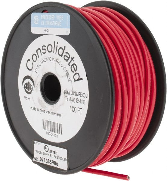 Made in USA - 12 AWG, 65 Strand, 100' OAL, Tinned Copper Hook Up Wire - Red PVC Jacket, 0.155" Diam - Exact Tooling
