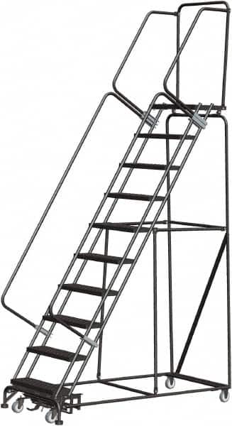 Ballymore - 133" 10 Step Rolling Warehouse Ladder - Lock Step Rolling Safety Ladder, 450 Lb Capacity, 100" Platform Height, 32" Base Width x 74" Base Depth, Perforated Tread - Exact Tooling