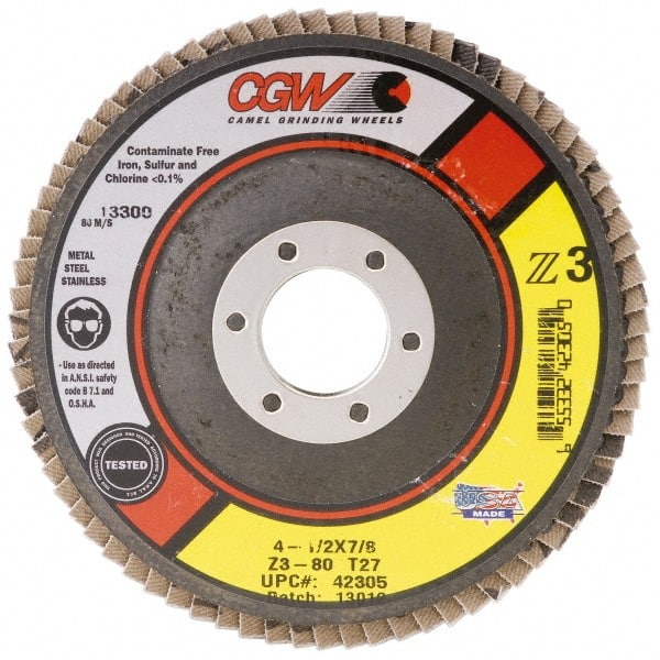 Camel Grinding Wheels - 80 Grit, 7" Disc Diam, 5/8-11 Center Hole, Type 27 Zirconia Alumina Flap Disc - 8,600 Max RPM, Poly Cotton Backing, Arbor Attaching System, Coated - Exact Tooling