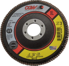 Camel Grinding Wheels - 80 Grit, 4-1/2" Disc Diam, 7/8" Center Hole, Type 27 Zirconia Alumina Flap Disc - 13,300 Max RPM, Poly Cotton Backing, Arbor Attaching System, Coated - Exact Tooling