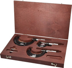 Starrett - 0 to 3" Range, 3 Piece Mechanical Outside Micrometer Set - 0.0001" Graduation, Ratchet Stop Thimble, Carbide Tipped Face - Exact Tooling