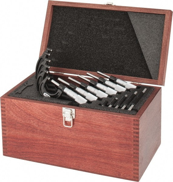 Starrett - 0 to 6" Range, 6 Piece Mechanical Outside Micrometer Set - 0.0001" Graduation, Ratchet Stop Thimble, Carbide Tipped Face - Exact Tooling
