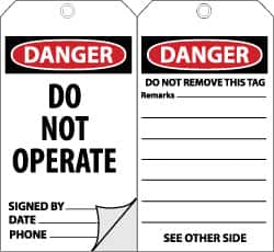 NMC - 3" High x 6" Long, DANGER - DO NOT OPERATE, English Safety & Facility Accident Prevention Tag - Tag Header: Danger, 2 Sides, Black, Red & White Self-Laminated Unrippable Vinyl - Exact Tooling