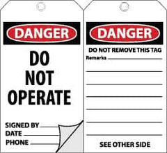 NMC - 3" High x 6" Long, DANGER - DO NOT OPERATE, English Safety & Facility Accident Prevention Tag - Tag Header: Danger, 2 Sides, Black, Red & White Self-Laminated Unrippable Vinyl - Exact Tooling