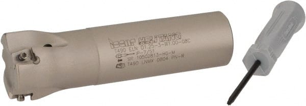 Iscar - 1-1/4" Cut Diam, 0.315" Max Depth of Cut, 1" Shank Diam, 4" OAL, Indexable Square Shoulder Helical End Mill - T490 LN.T 0804 Inserts, Weldon Shank, 90° Lead Angle, Through Coolant, Series Helitang - Exact Tooling