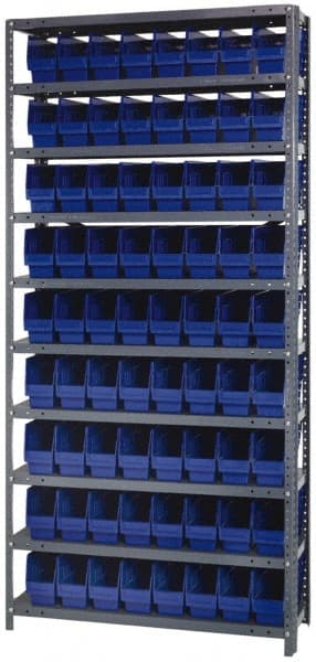 Quantum Storage - 72 Bin Store-More Shelf Bin System - 36 Inch Overall Width x 12 Inch Overall Depth x 75 Inch Overall Height, Blue Polypropylene Bins - Exact Tooling