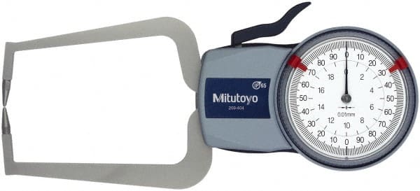Mitutoyo - 20mm Max Measurement, 0.01mm Graduation, Outside Dial Caliper Gage - 3.3465 Inch Leg Length, 0.03mm Accuracy - Exact Tooling