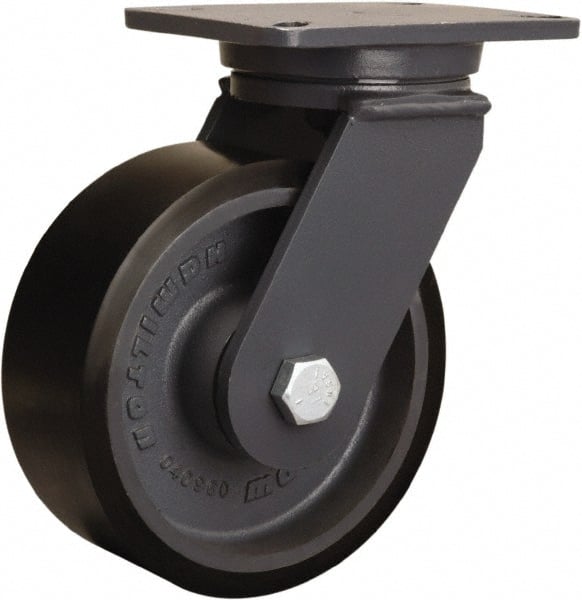 Hamilton - 8" Diam x 3" Wide x 10-1/2" OAH Top Plate Mount Swivel Caster - Polyurethane Mold onto Cast Iron Center, 3,250 Lb Capacity, Sealed Precision Ball Bearing, 5-1/4 x 7-1/4" Plate - Exact Tooling