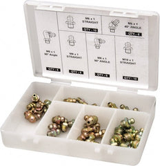 PRO-LUBE - 44 Piece, Metric, Box Plastic Steel Grease Fitting Set - Includes Metric Thread Types, Includes M10x1: (10) Straight, M6x1: (10) Straight, (6) 45°, (6) 90°, M8x1: (8) Straight, (8) 90° - Exact Tooling