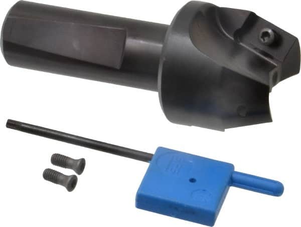 Kyocera - 20° Lead Angle, 1" Max Cut Diam, 1" Min Cut Diam, 35/64" Max Depth of Cut, Indexable Chamfer and Angle End Mill - 2 Inserts, XPMT 15T3.. Insert Style, 3.15" Overall Length, Straight Shank - Exact Tooling