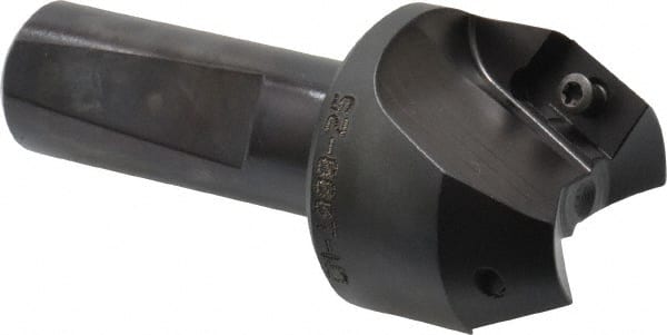 Kyocera - 25° Lead Angle, 1" Max Cut Diam, 1" Min Cut Diam, 0.526" Max Depth of Cut, Indexable Chamfer and Angle End Mill - 2 Inserts, XPMT 15T3.. Insert Style, 3.15" Overall Length, Straight Shank - Exact Tooling