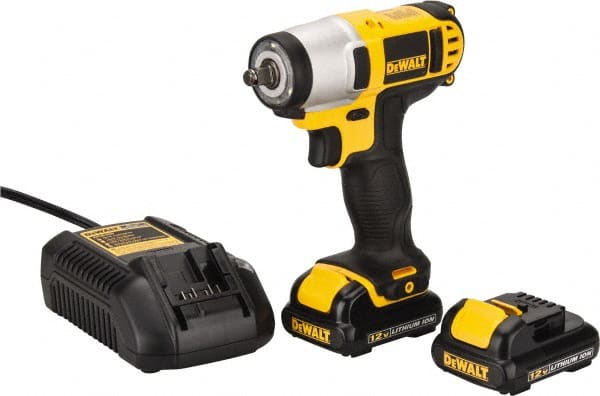 DeWALT - 3/8" Drive 12 Volt Pistol Grip Cordless Impact Wrench & Ratchet - 2,450 RPM, 0 to 3,400 BPM, 96 Ft/Lb Torque, 2 Lithium-Ion Batteries Included - Exact Tooling