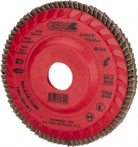 Camel Grinding Wheels - 40 Grit, 4-1/2" Disc Diam, 7/8" Center Hole, Type 27 Zirconia Alumina Flap Disc - 13,300 Max RPM, Poly Cotton Backing, Arbor Attaching System, Coated - Exact Tooling