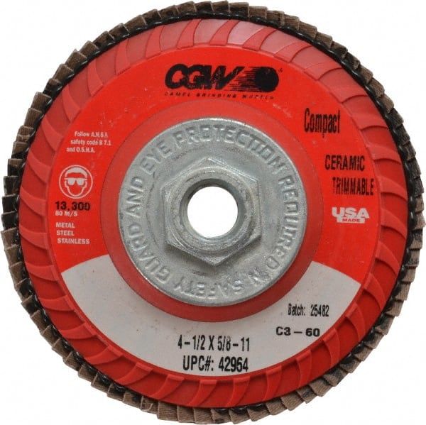 Camel Grinding Wheels - 60 Grit, 4-1/2" Disc Diam, 5/8-11 Center Hole, Type 27 Ceramic Flap Disc - 13,300 Max RPM, Polyester Backing, Arbor Attaching System, Coated - Exact Tooling