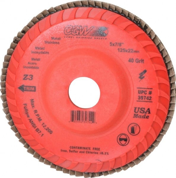 Camel Grinding Wheels - 40 Grit, 5" Disc Diam, 7/8" Center Hole, Type 27 Ceramic Flap Disc - 12,200 Max RPM, Poly Cotton Backing, Arbor Attaching System, Coated - Exact Tooling