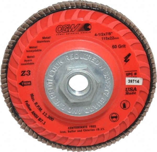Camel Grinding Wheels - 60 Grit, 4-1/2" Disc Diam, 5/8-11 Center Hole, Type 27 Zirconia Alumina Flap Disc - 13,300 Max RPM, Poly Cotton Backing, Arbor Attaching System, Coated - Exact Tooling
