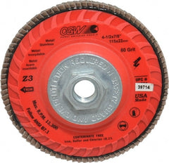 Camel Grinding Wheels - 60 Grit, 4-1/2" Disc Diam, 5/8-11 Center Hole, Type 27 Zirconia Alumina Flap Disc - 13,300 Max RPM, Poly Cotton Backing, Arbor Attaching System, Coated - Exact Tooling